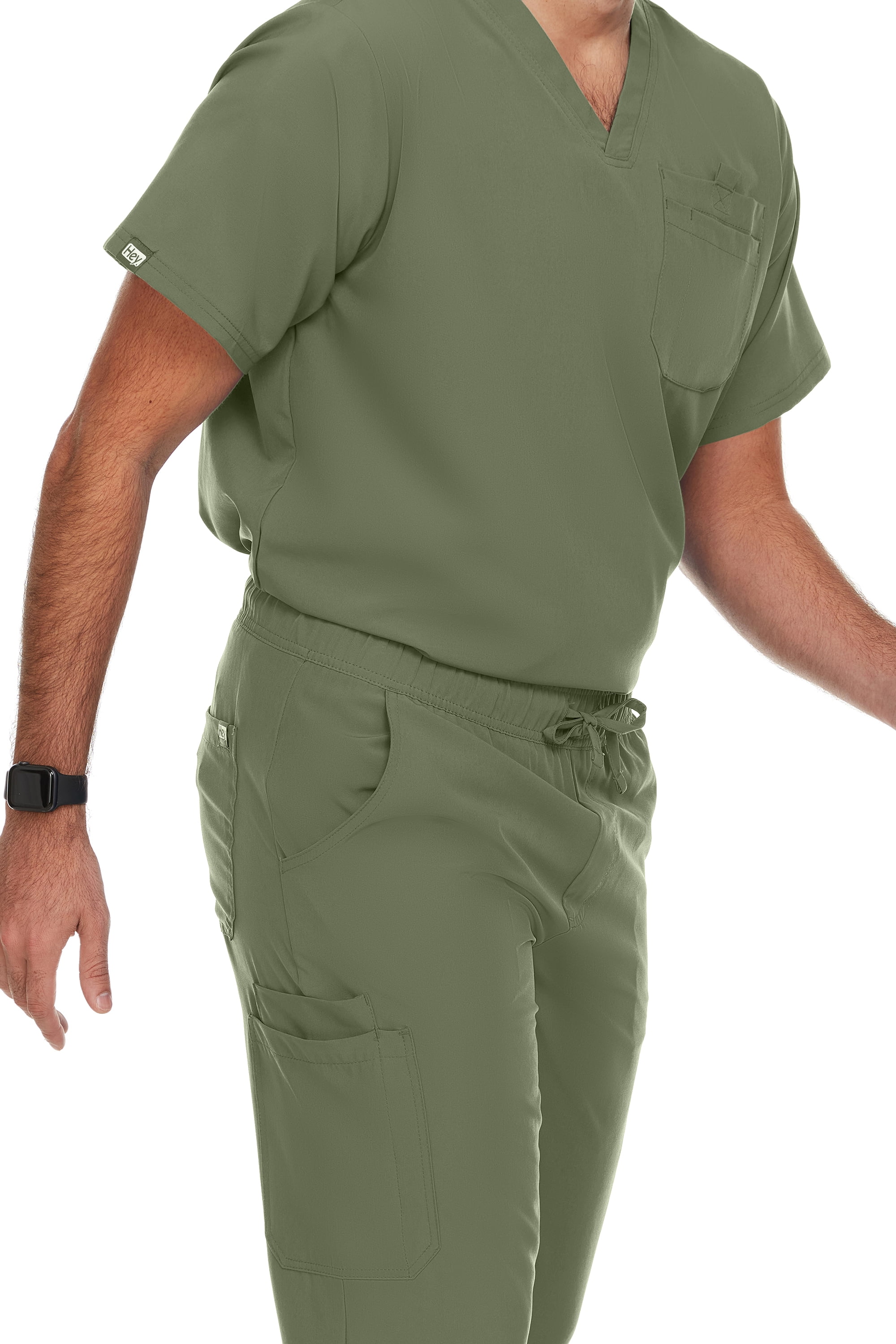 Hey Scrubs Set Men Stretch V-Neck Scrub Top and Six Pocket Tapered Pant Bundle, Elastic Waistband Scrubs for Men