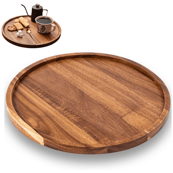 Round Wood Tray, Acacia Decorative Serving Tray for Coffee Table and Home Decor, Tray Organizer for Kitchen Table Centerpiece, 11.8 x 11.8 x 0.8 inch (1 Pack)