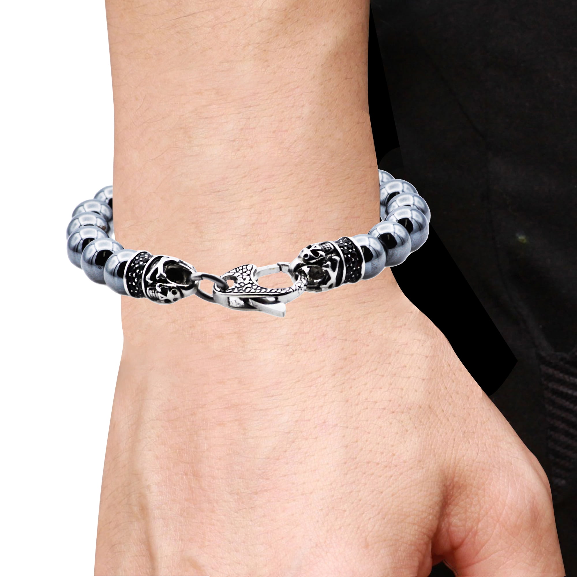 Genuine Hematite Stainless Steel Beaded Men's Bracelet, 8.75"