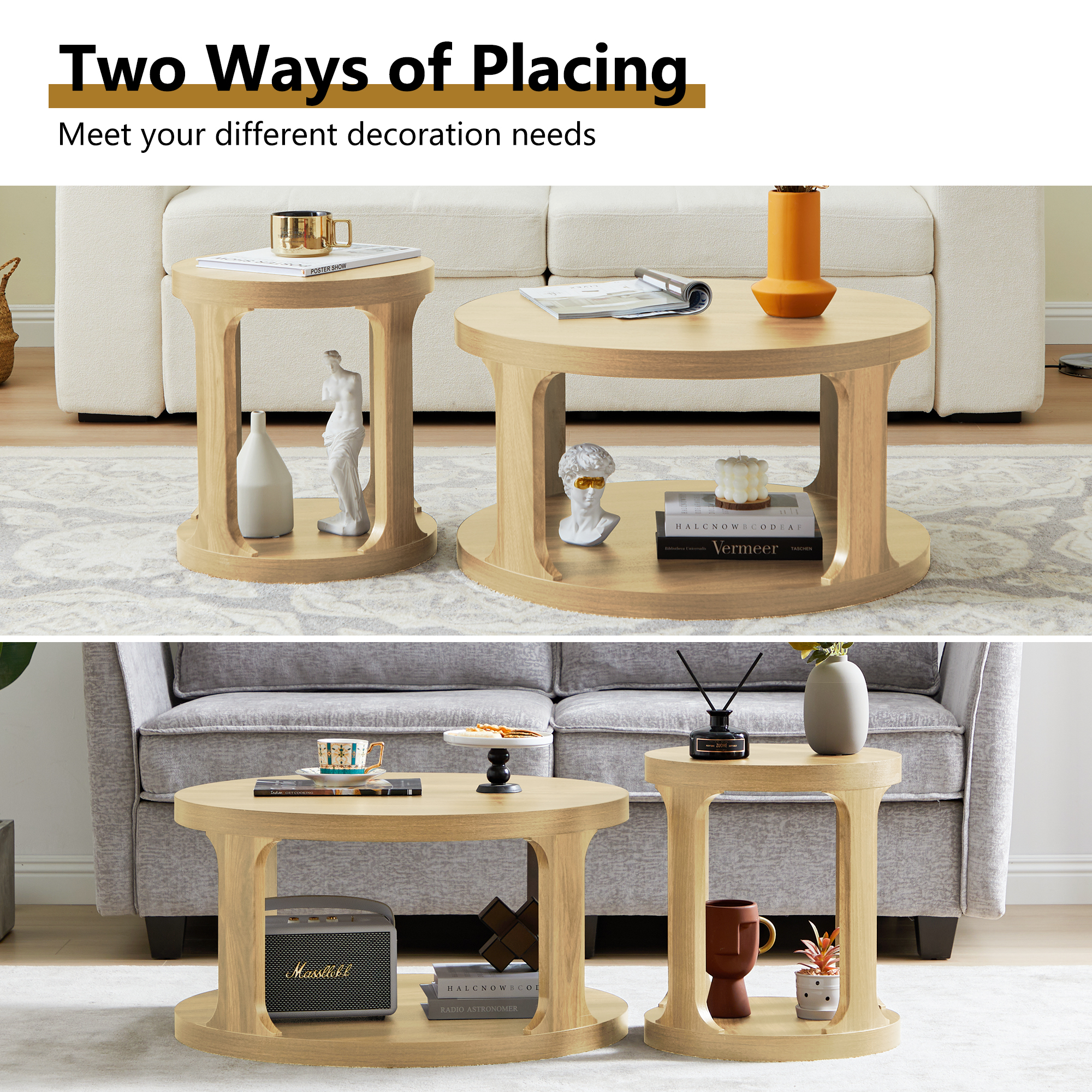 Weselon Wood  Nesting Coffee Table Set of 2, Natural Round Coffee Table with 2-Tier Storage Shelf, Rustic Center Table, Circle Coffee Table for Living room Bedroom, Small Table for Small Space