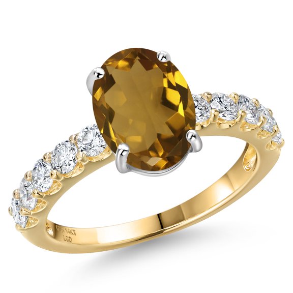 Gem Stone King 14K Two Tone Gold Whiskey Quartz and Lab Grown Diamond Engagement Ring for Women | 2.65 Cttw | Oval 10X8MM | Gemstone Birthstone | Size 7