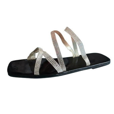 

Gzztg Sandals Women Summer Fashion Big Size One-Line Rhinestone Square Head Flat
