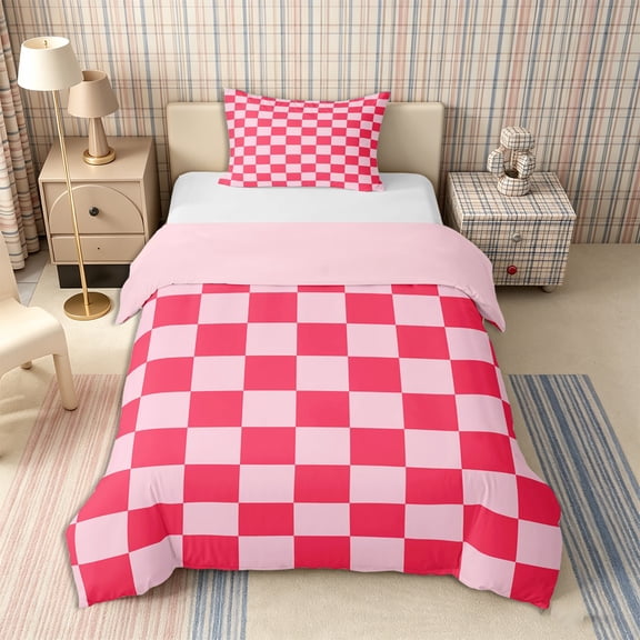 Homewish Classic Checkerboard Twin Duvet Cover for Girls, Geometric Gingham Twin Bedding, Hot Pink,Pink Reversible,2pcs,No Comforter1 Duvet Cover and 1 Pillowcase
