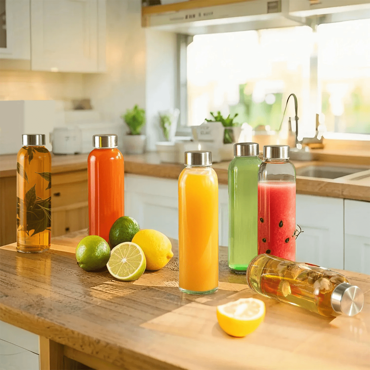 GPED 18 oz Clear Glass Bottles with Lids, Reusable Glass Water Bottles Set of 8 with Stainless Steel Cap for Juicing, Refrigerator,100% Leak Proof, ECO Friendly, Bpa Free, Dishwasher Safe