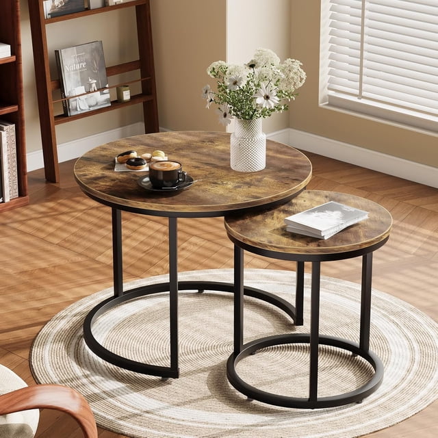Semiocthome Modern Round Nesting Coffee Table Set,End Table Metal Frame for Living Room,23.6",Rustic Brown