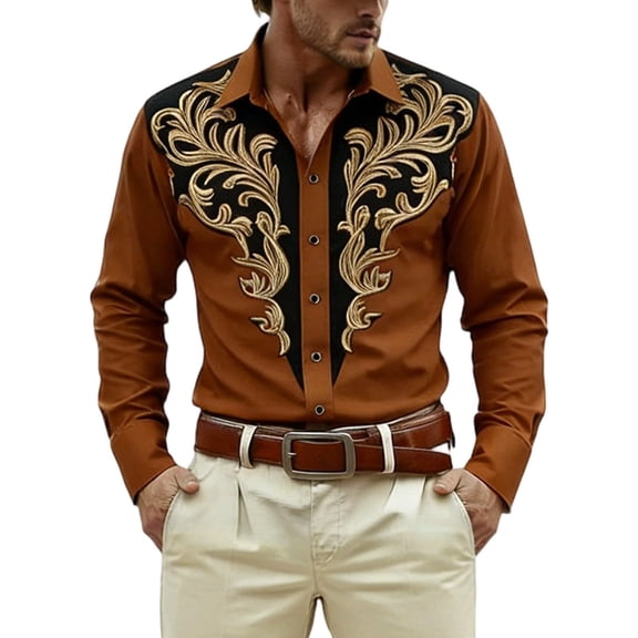 ZVNAΖH Men's Vintage Cowboy Western Embroidered Shirt, Long Sleeve Collared Button Down Casual Top for Rodeo & Daily