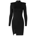 thumbnail image 2 of Neinkie Bodycon Dress Turtleneck Long Sleeve Right Angle Shoulder Hip Wrap Solid Color Waist Tight Breathable Summer Side Split High Elastic Mini Dress Streetwear, 2 of 8
