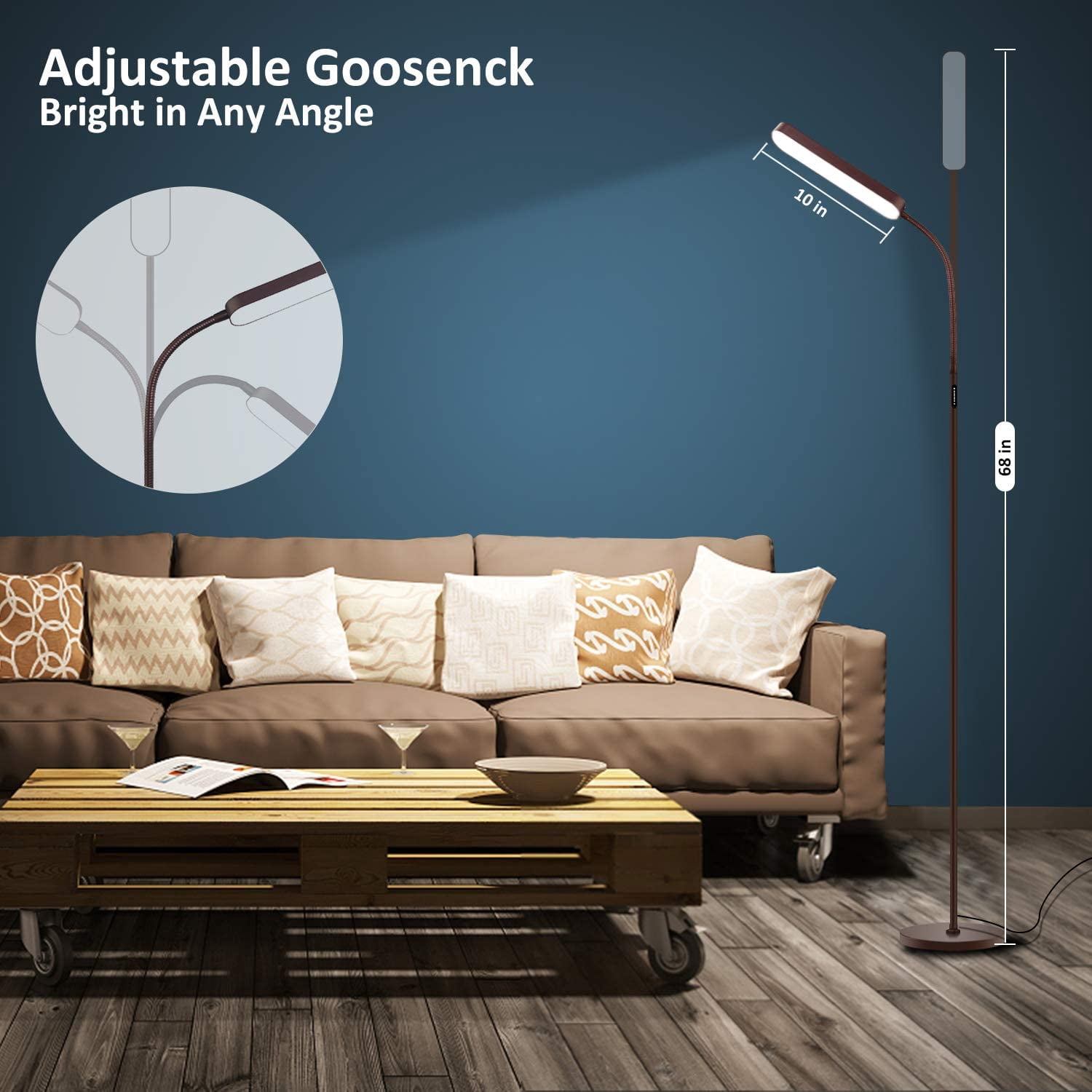 Floor Lamp, 15w/1000lm Bright LED Floor Lamp with Stepless Adjustable 3000K-6000K Colors and Dimmer, Remote and Touch Control Reading Lamp, Adjustable Gooseneck Floor Lamp for Living Room