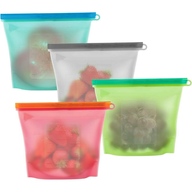Platinum Food Grade Silicone Reusable Bags, Eco Friendly, Multi Use, Leak Proof Vacuum Seal, Dishwasher Safe For Kitchen, Freezer, Travel (Four Different Colors)