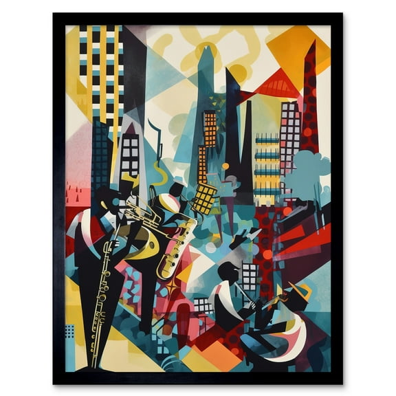 Jazz Musicians Playing on an Urban Landscape Rooftop Abstract Modern Watercolour Illustration Art Print Framed Poster Wall Decor 12x16 inch