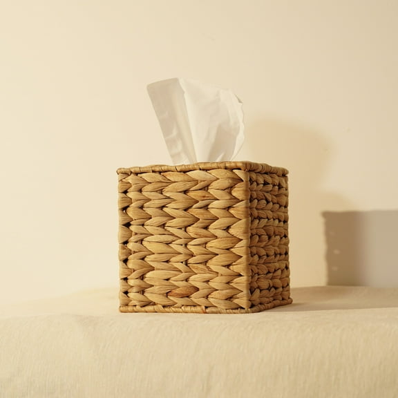 Water Hyacinth Handwoven Tissue Box Cover, Natural Handmade Wicker Napkin Box Holder Handcrafted Square Facial Tissue Rustic Decorative on Table and Bathroom Office Boho Decorative Home Decor