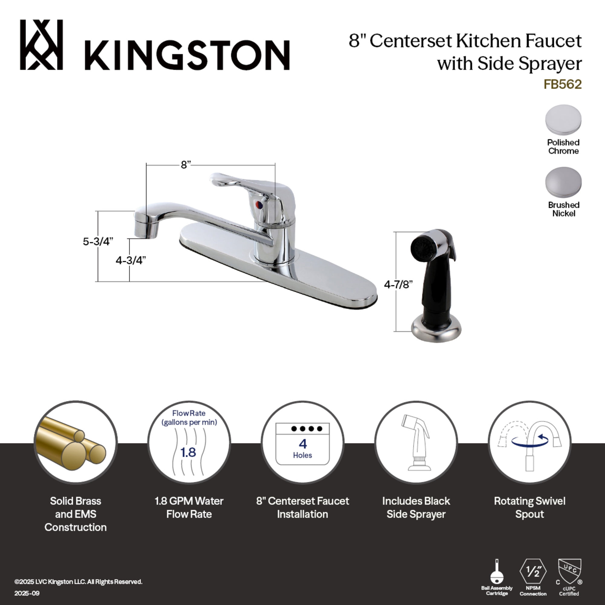 Kingston FB562 Wyndham One-Handle 4-Hole 8" Centerset Kitchen Faucet with Side Sprayer in Polished Chrome