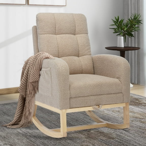 Nursery Rocking Chair with Adjustable Footrest for Living Room,Teddy Fabric Rocking Chair with Solid Wooden Legs，Comfortable Lounge Armchair with Side Pockets and High Backrest（Light Coffee）