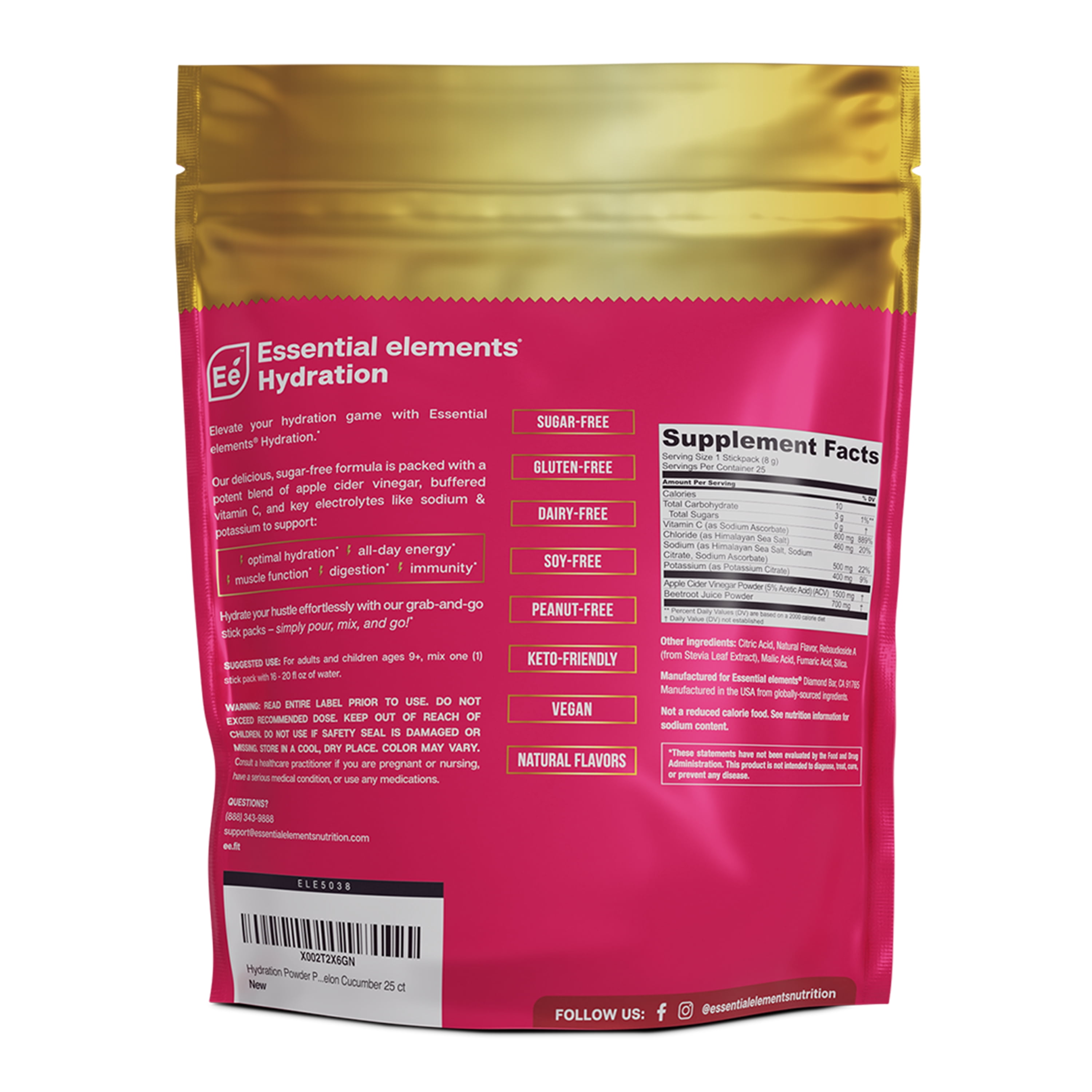 Essential Elements Hydration Watermelon Cucumber | Electrolyte Supplement with  ACV & Vitamin C, 100mg, 25 Stick packs