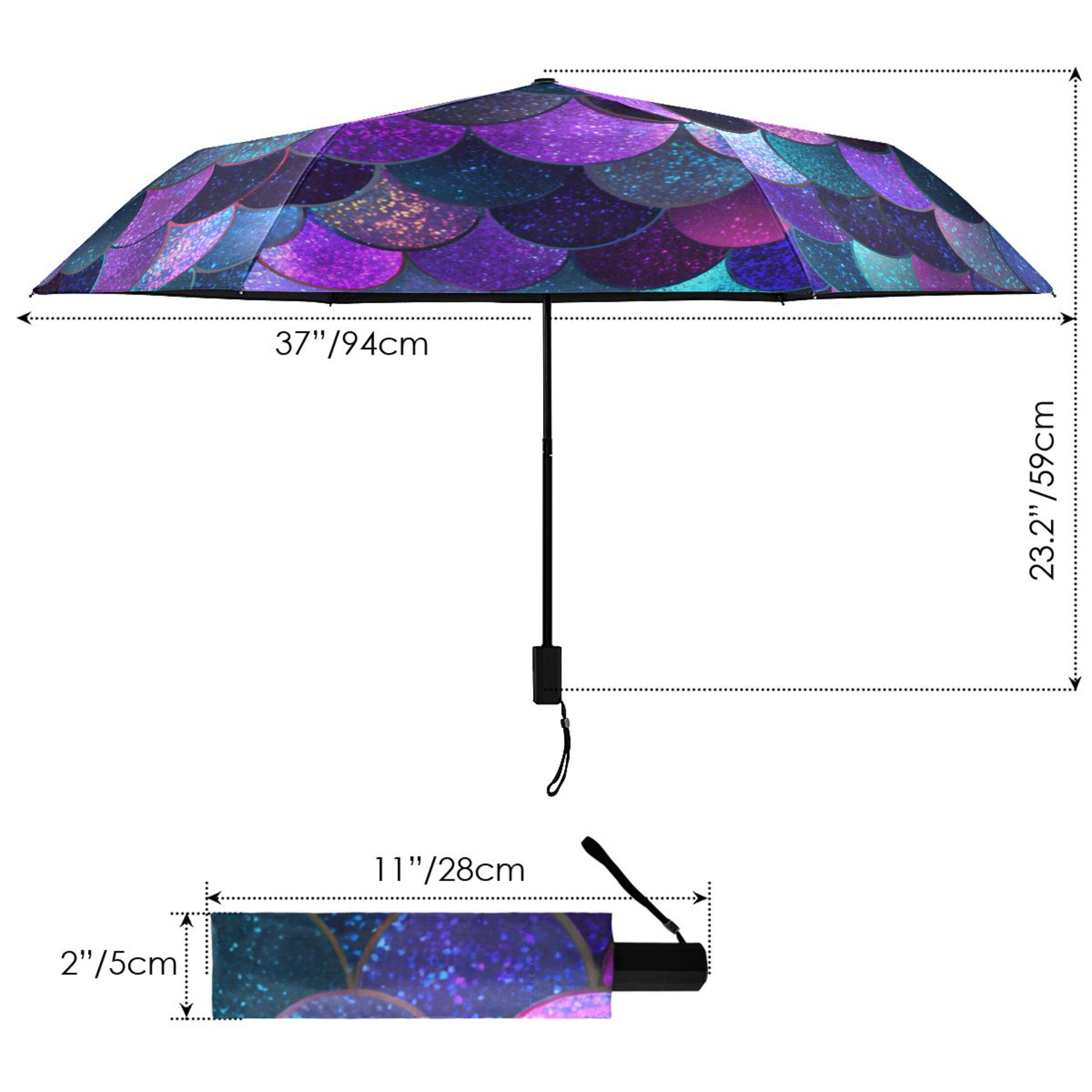 Purple Blue Mermaid Scales All Weather Umbrella Triple Folding Parasol 6 Ribs UV Protection Portable