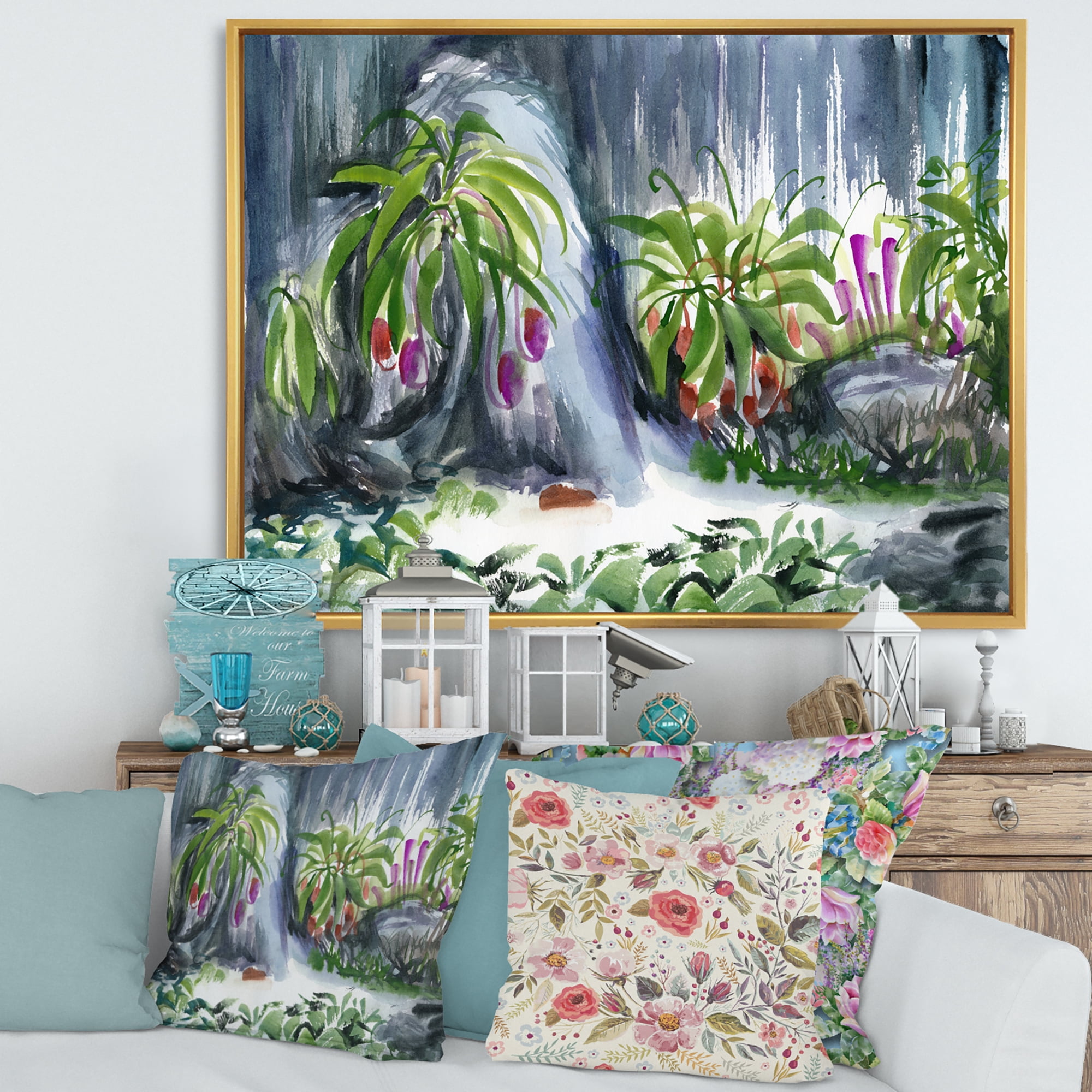 Designart 'Abstract Tropical Plants Oasis' Farmhouse Framed Canvas Wall Art Print