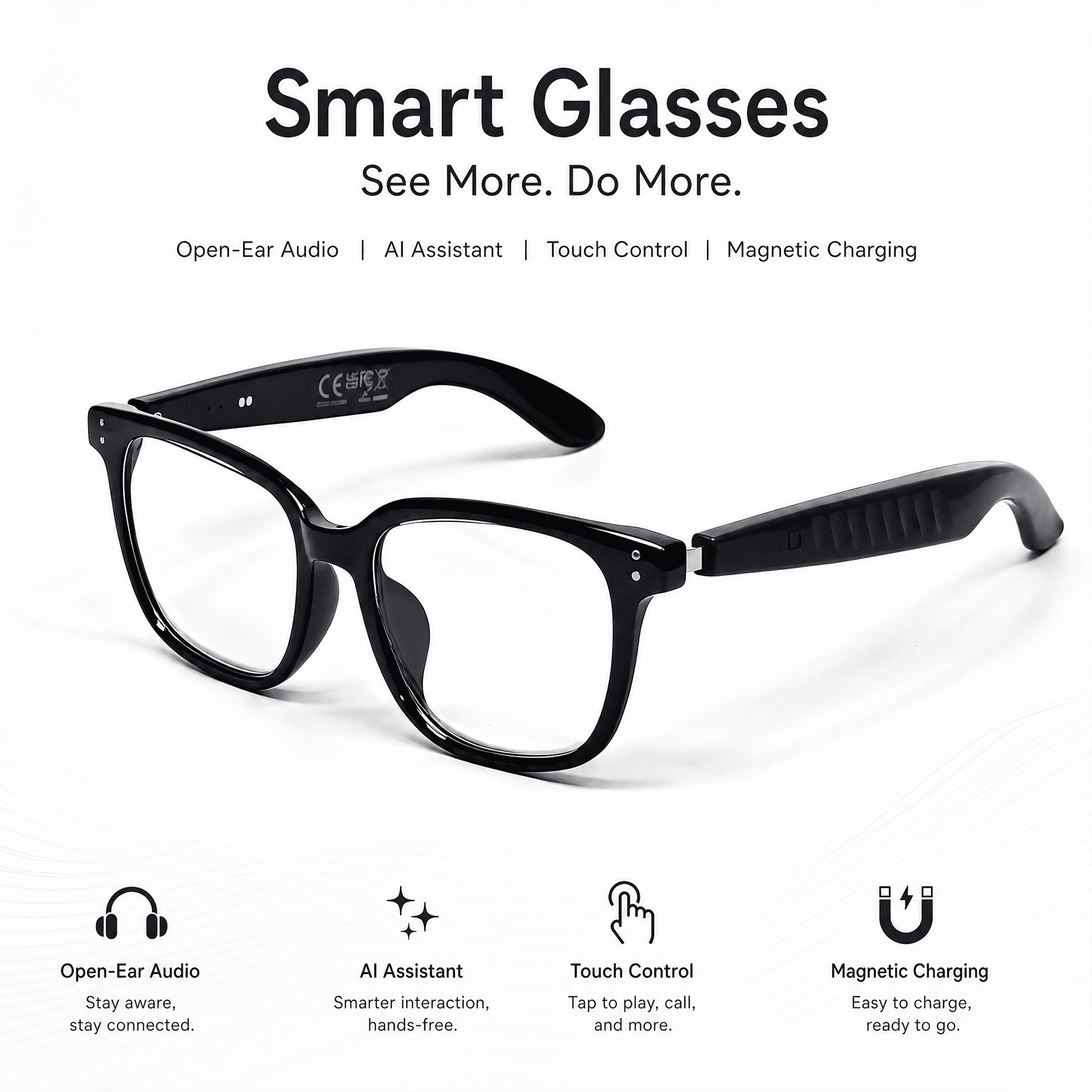 CamelParty AI Smart Glasses with Voice Assistant, AI Simultaneous Translation, Voice Recorder, Bluetooth Hands-Free Calling & Music, Black