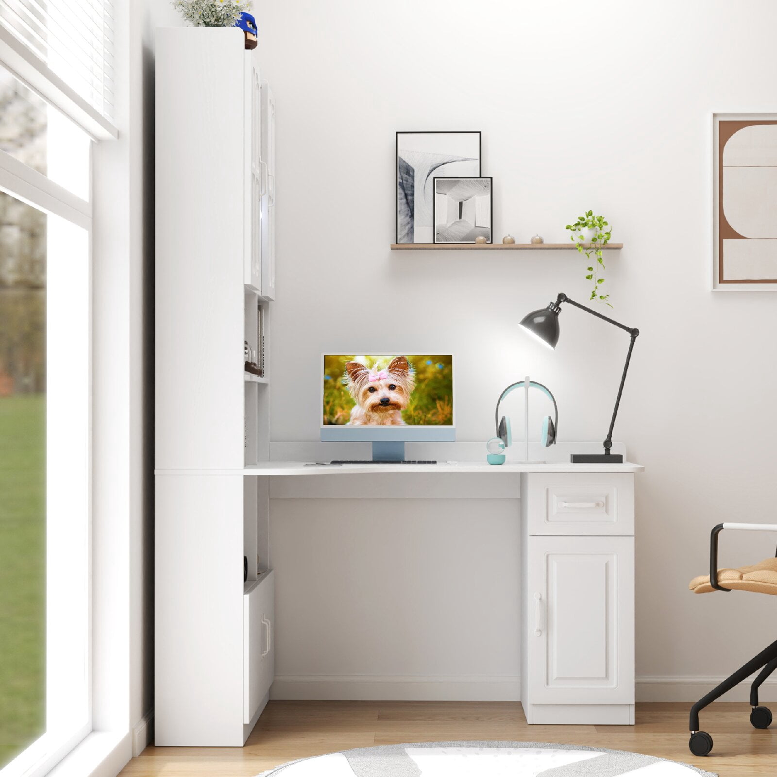 L-Shaped Corner Computer Desk for Home Office or Study desk, Study Modern Style Table with Drawers, Bookshelf & Hutch, 2-in-1 L-Shaped Design, Large Working Space, White