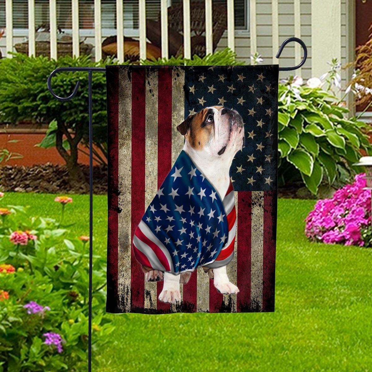 American Flag with Bulldog Dog stand under the cross Patriot Patriotic 4th of july Garden Flag, Double-Sided Decorative Outdoor Flag, Patriotic Polyester Yard Flag 12 x 18 in