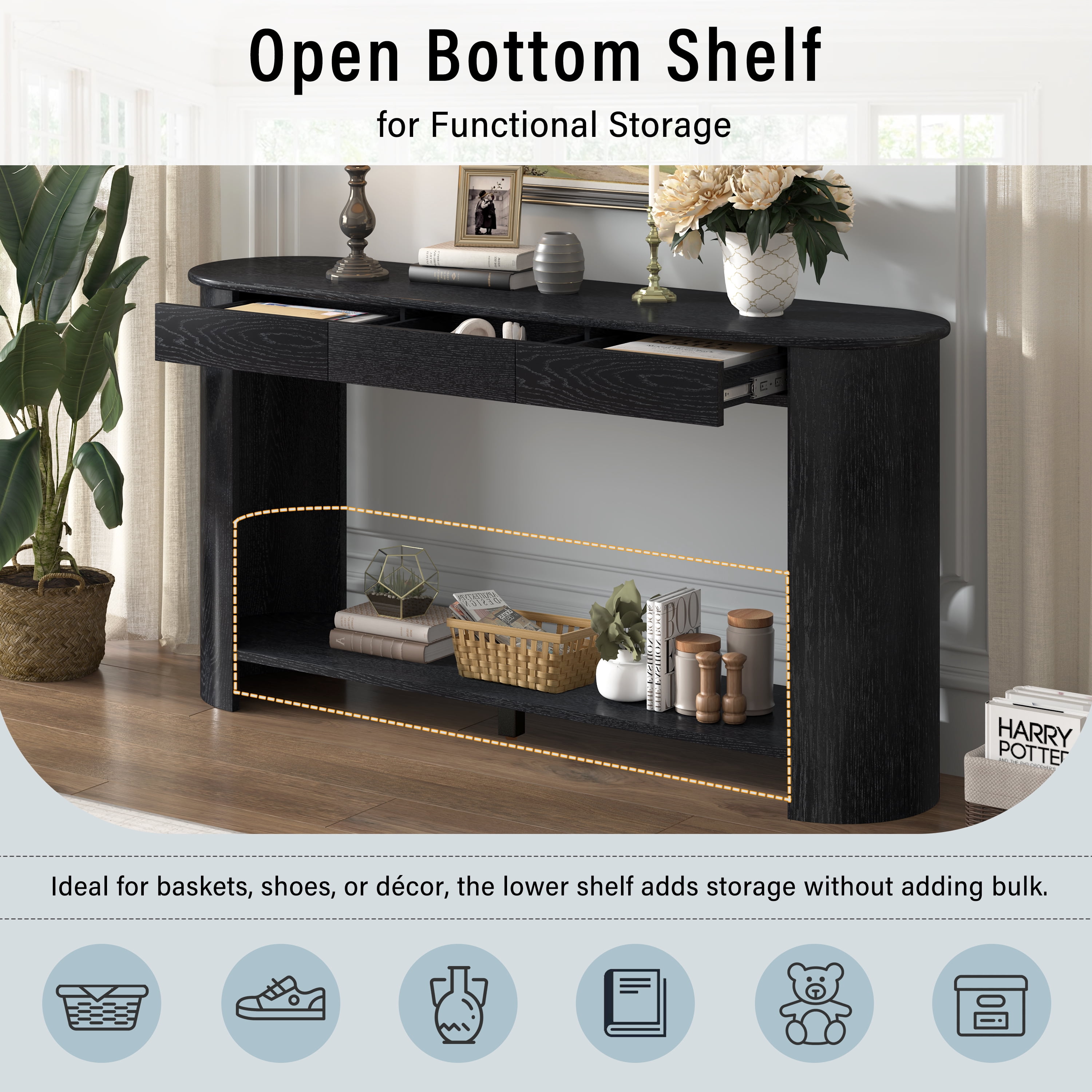 Mintazer 60" Modern Console Table, Entryway Table with 3 Drawers & Open Shelf, Long Sofa Table with Semi-Circular Design for Entryway Living Room, Black