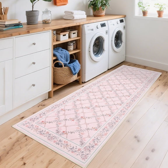 Geetinfly 2inx6in Modern Floral Runner Rugs Diamond Printed Carpet Washable Rug Ultra-SoFT Area Rugs Low Pile Non Slip Rug for Hallway Bedroom Kitchen Pink Orange
