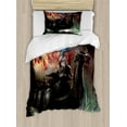 thumbnail image 1 of Fantasy World Duvet Cover Set Twin Size, Thunder Wrath in Viking Thorn Ship Floating in Fiery Waves Odin Narrative, Decorative 2 Piece Bedding Set with 1 Pillow Sham, Grey Orange, by Ambesonne, 1 of 3