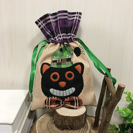 Halloween Linen Gift Bag Trick or Treat Candy Bag with Drawstring Closure Halloween Party Costumes Supplies Decorations--Black Cat