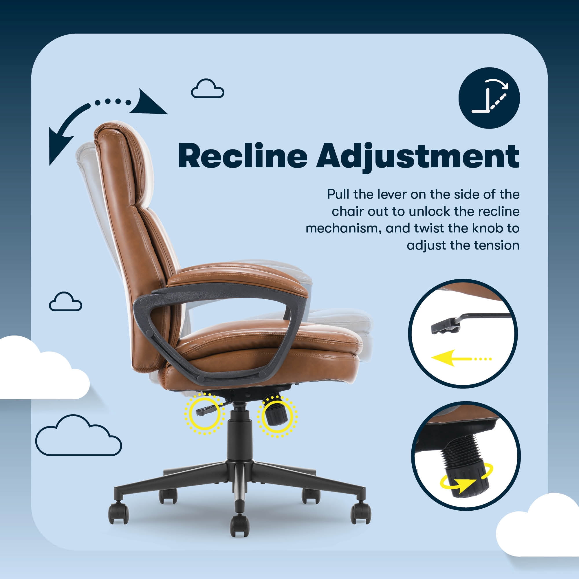 Serta Comfort Ergo Executive Office Chair, Ergonomic Mid-Back Design with Lumbar Support, Bonded Leather, Cognac