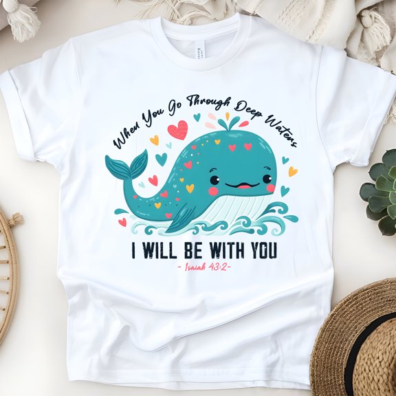 Isaiah 43:2 When You Go Through Deep Waters Christian Whale T-Shirt, White, Size S