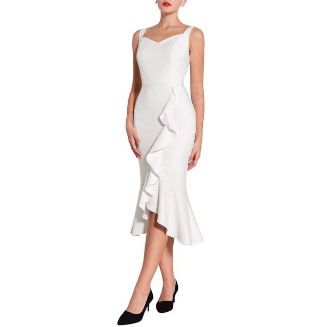 Vestido Midi de Cola de Pez sin Mangas con Escote Corazón Elegante y Volantes para Mujeres Chic en Beige y Blanco
