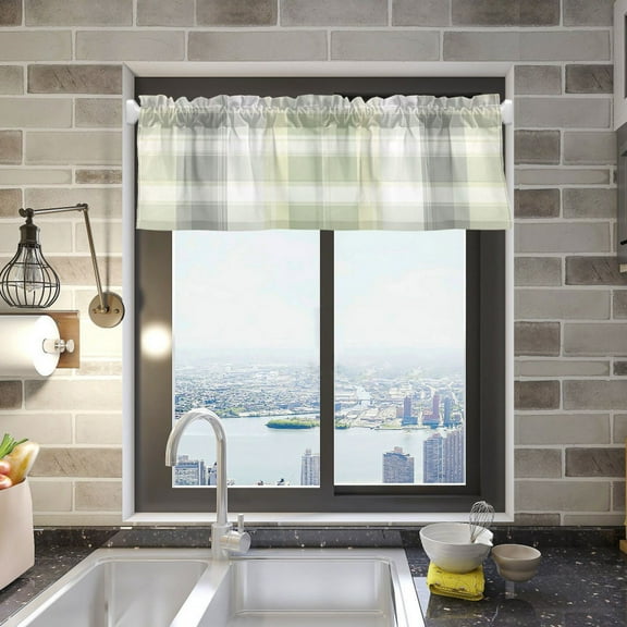 Light Gray and Green Plaid Curtain Valances Window Treatment Rod Pocket Drape Valance 54" X 18" for Kitchen Living Room Bedroom