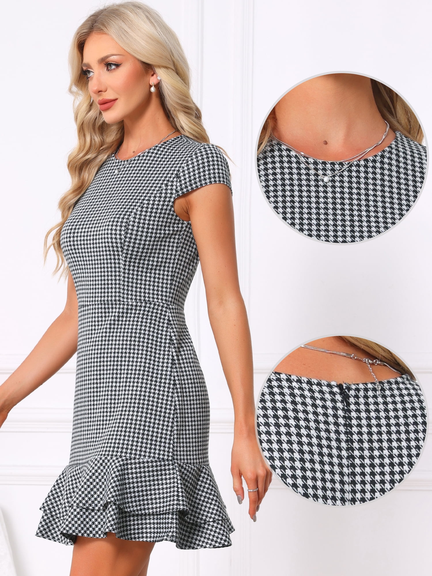 DARING DIVA Women's Elegant Houndstooth Ruffle A-Line Mini Dress XL Black