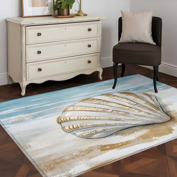 3'x5' Area Rugs, Blue Coastal Shell Indoor Outdoor Area Rug for Living Room Bedroom, Beach Summer Seaside Nautical Washable Bathroom Rugs Kitchen Floor Carpet Mats Home Decor Aesthetic