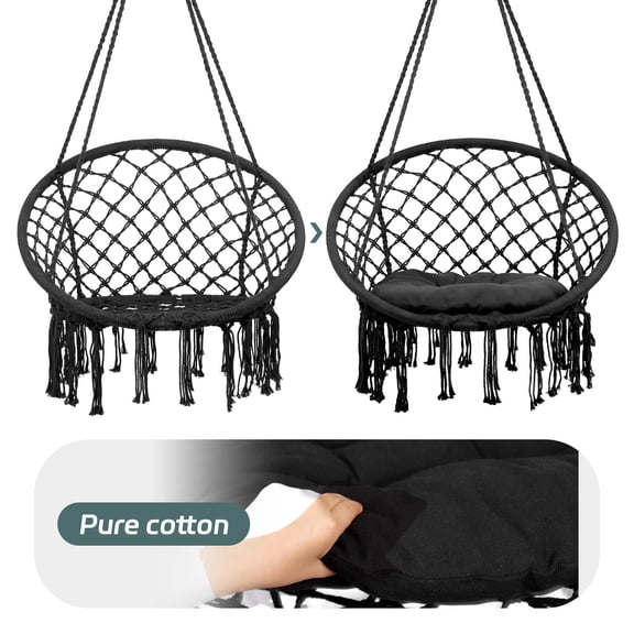 Complete Set Hammock Chair with Soft Cushions & Hardware Accessories, Handmade Knitted Mesh Hanging Swing, Max 330 Lbs for Patio, Balcony, Bedroom, Porch, Black