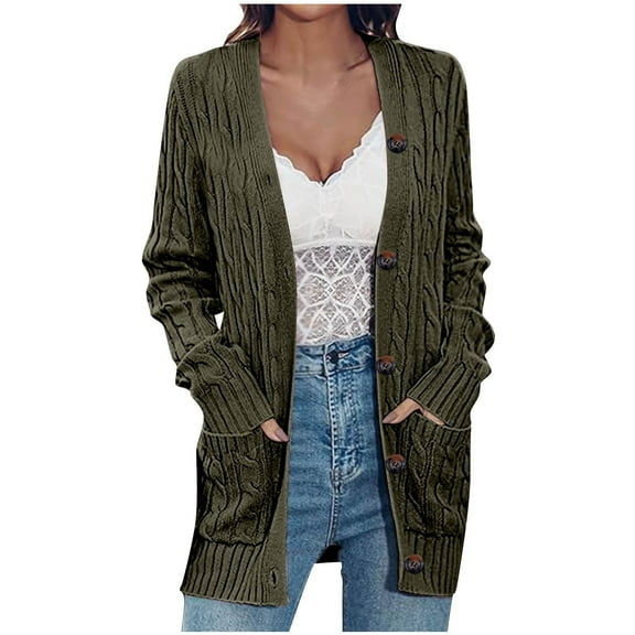 Wyobmus Women's Open Front Cardigan Sweaters Fall Button Down Cable Knit Loose Soft Long Sleeve Outerwear Coats A-Olive Green