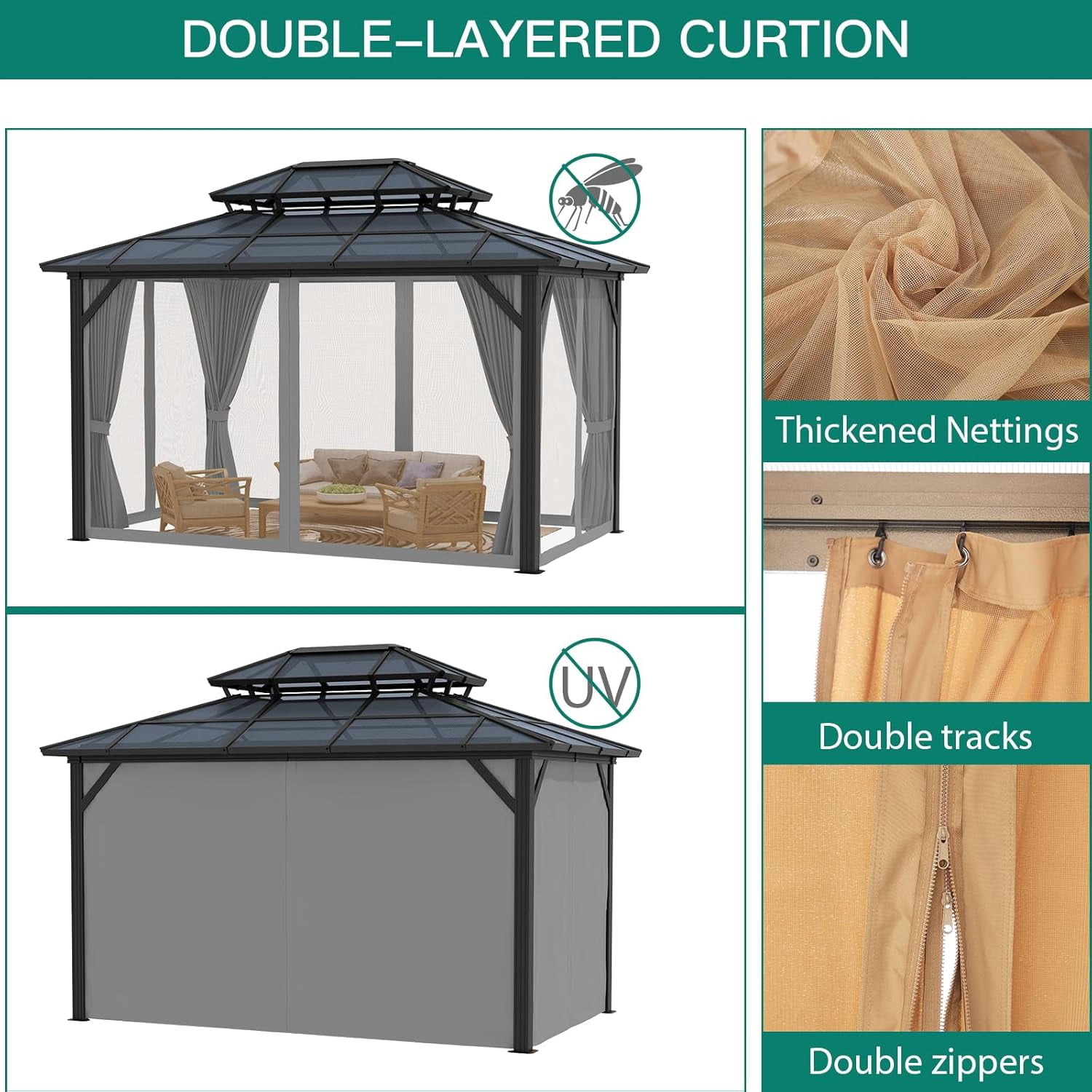 2025 New 10x13ft Gazebo, Hardtop Outdoor Canopy Aluminum Frame Permanent Gazebo with Netting and Curtains, Polycarbonate Garden Tent for Patio, Lawn, Backyard, Deck