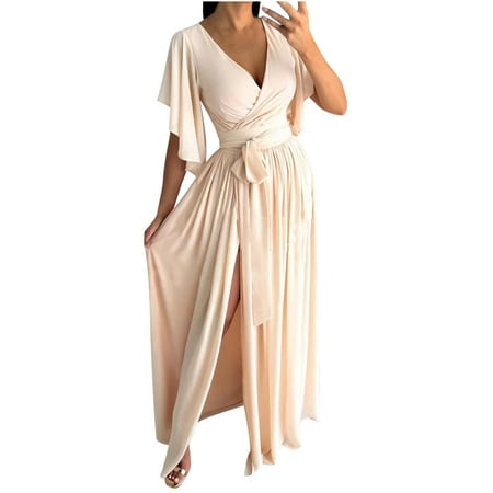 

Cold Weather Fashion Warm up for way less HTNBO Women s Formal Slit Maxi Dresses Short Ruffle Sleeve V Neck Corset Bandage Dress Fall Dresses 2022 New Deals