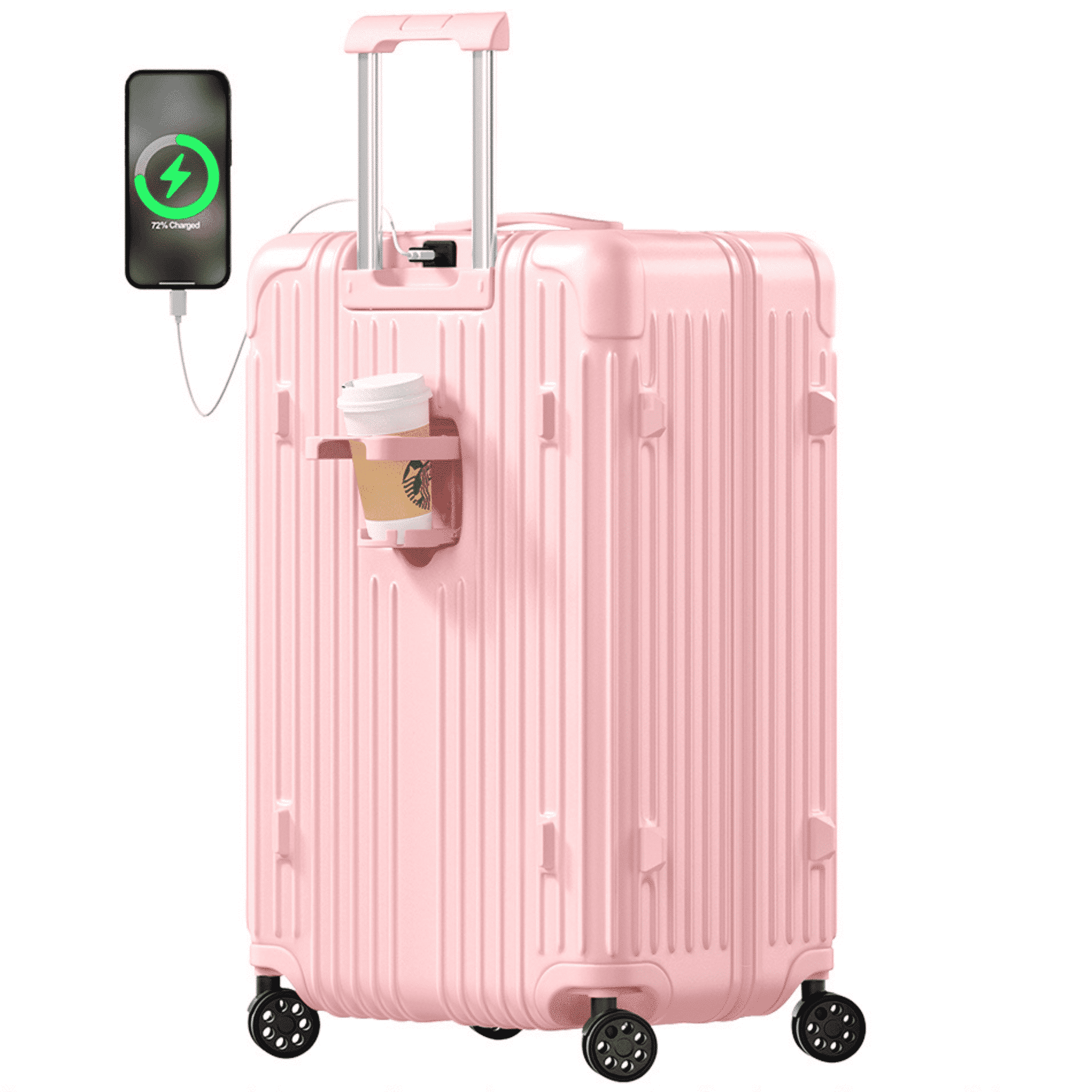Checked Luggage PC ABS Hardshell Suitcase with Spinner Wheels TSA Lock USB Port and Cup Holder 28 inch Pink