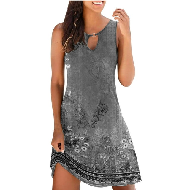 Robes de Plage Femmes Été Femmes Décontractées Amples Été Robe Débardeur Imprimée Florale Ajourée Robe de Plage Sans Manches Robes Courtes Été pour Femmes Robes Courtes pour Femmes Été