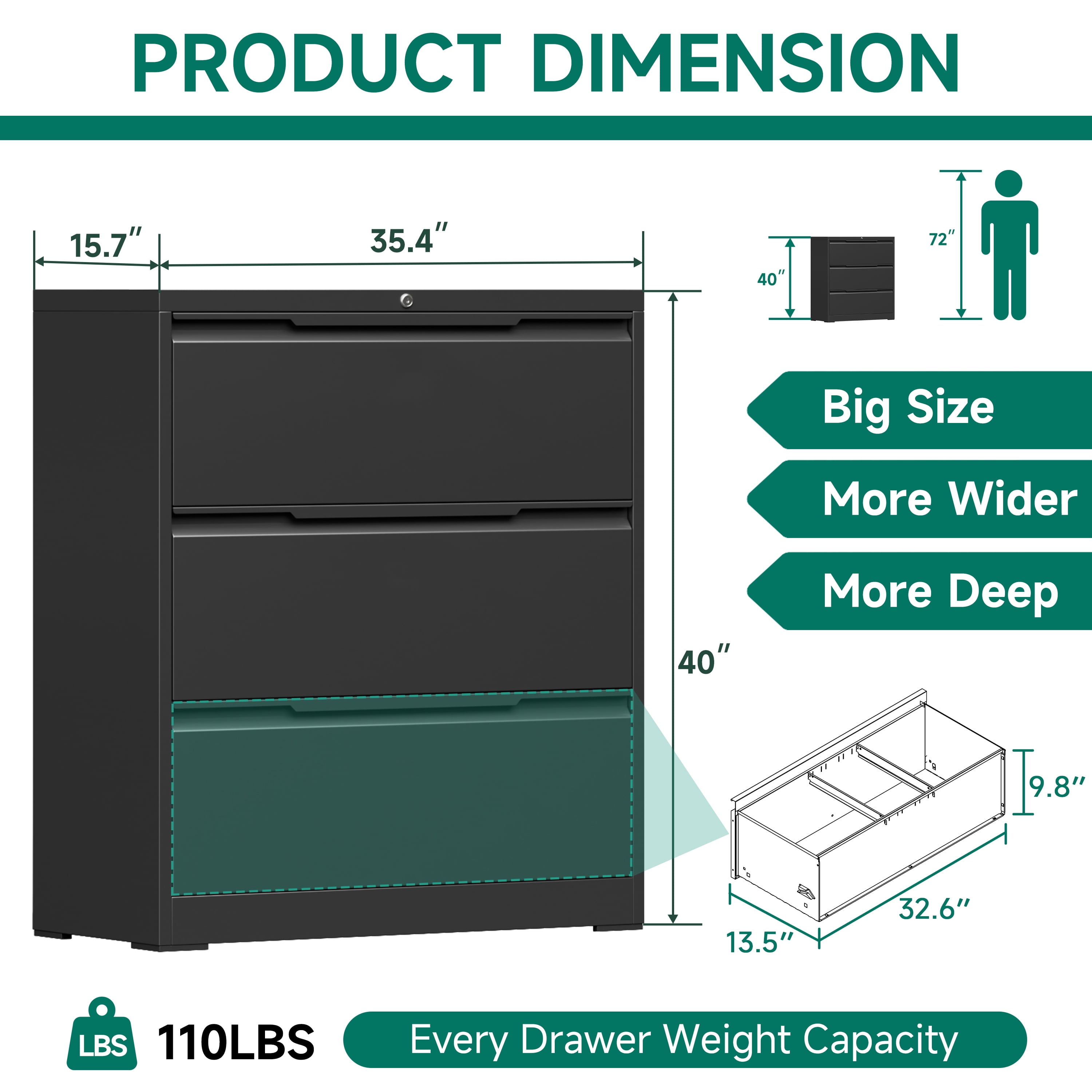 Kooyon 3 Drawer Lateral File Cabinet with Lock, Metal Filing Cabinet for Home Office, Black, Fits Letter/Legal/A4-Assembly Required