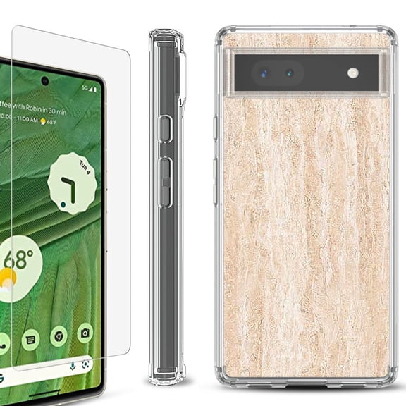 Shockproof Bumper Phone Case for Google Pixel 6a, with Tempered Glass Screen Protector, by OneToughShield ® - Marble/Coffee Tone