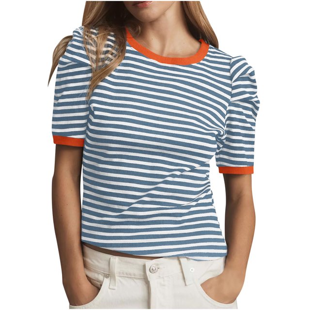 Chemises pour Femmes Été Ndbuld Femmes Été T-Shirt Rayé Manches Courtes Manches Bouffantes Blouse Col Ras du Cou Décontractée Klim à Blocs de Couleur Tendance Col Ras du Cou Chemises Rayées Hauts Rabais, Blanc, P