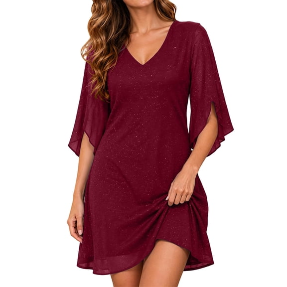 Zorvyno Women Solid Color Mini Cocktail Dress V-Neck Ruffle Half Sleeve Casual Party Dress for Wedding Guests