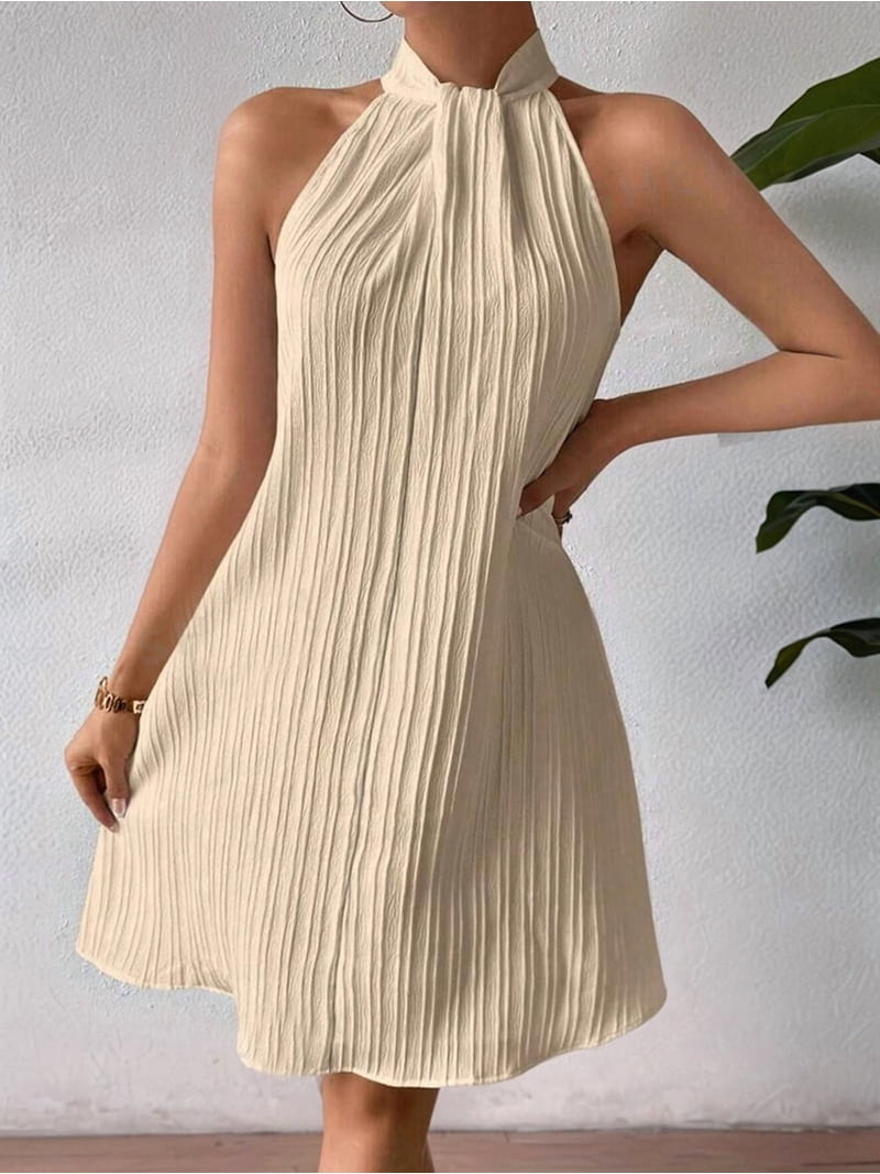 Women'S Pearl Beaded Halter Twist Sleeveless Tie Back Dress A Line Dress  Khaki XL - Walmart.com