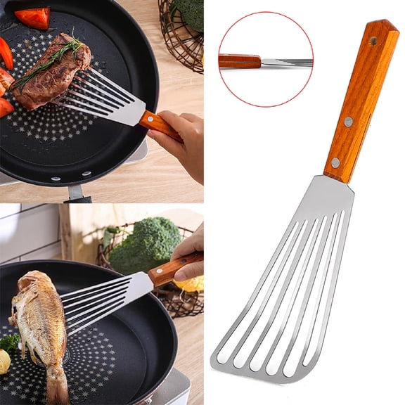 Huepoe Spatula for Baking & Cooking - Non-Stick, Thin Slotted Stainless Steel with Wooden Handle, Easy Filtering, Durable Frying Shovel (11.02")