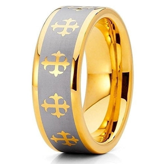 8mm Yellow Gold Tungsten Carbide Wedding Ring Cross Design Brushed Silver Finish Unisex Band 10 (10)