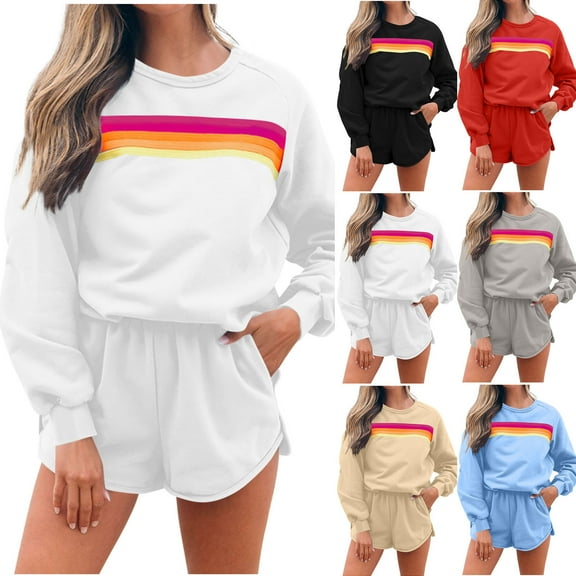 YOIAVAIOY Womens Sweat Suits 2 Piece Rainbow Print Tracksuits Raglan Sweatshirt and High Waisted Shorts Casual Athletic Set Tennis Baseball Matching Outfit with Pockets Gray M