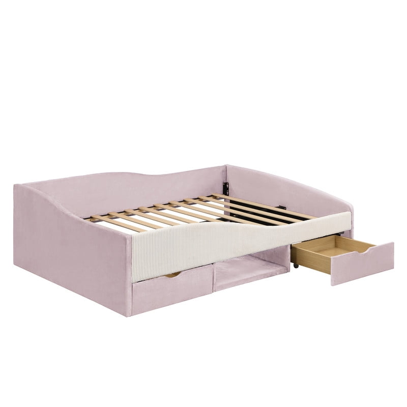 Full Size Upholstered Daybed Frame, Low-Profile Storage Platform Bed with 2 Drawers and Open Compartment, Two-Tone Accent Kids Bed