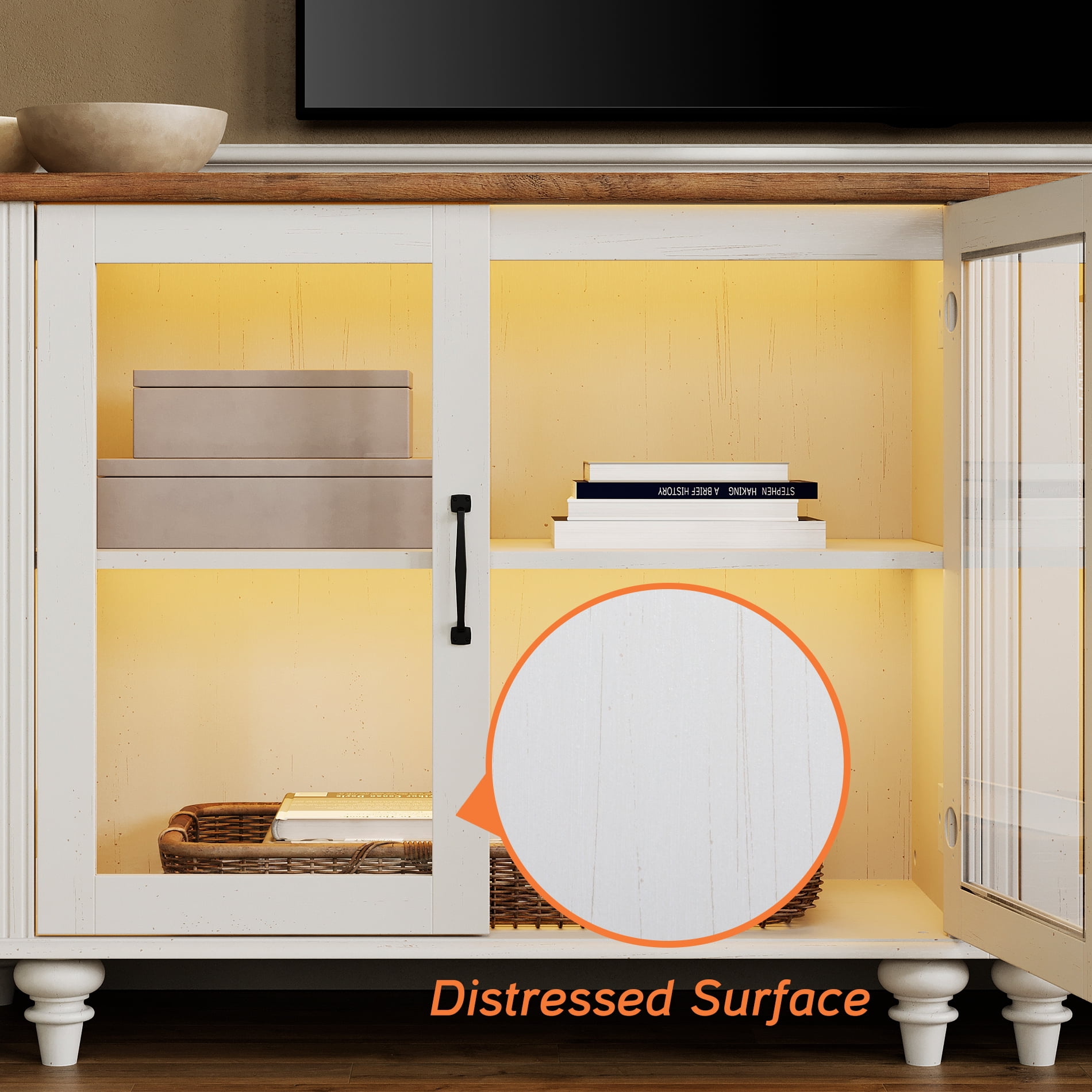 Buffet Cabinet with Storage, Kitchen Sideboard with Glass Door & Adjustable Shelf, Modern Glass Entryway Table or Living Room Dining Room, Off White