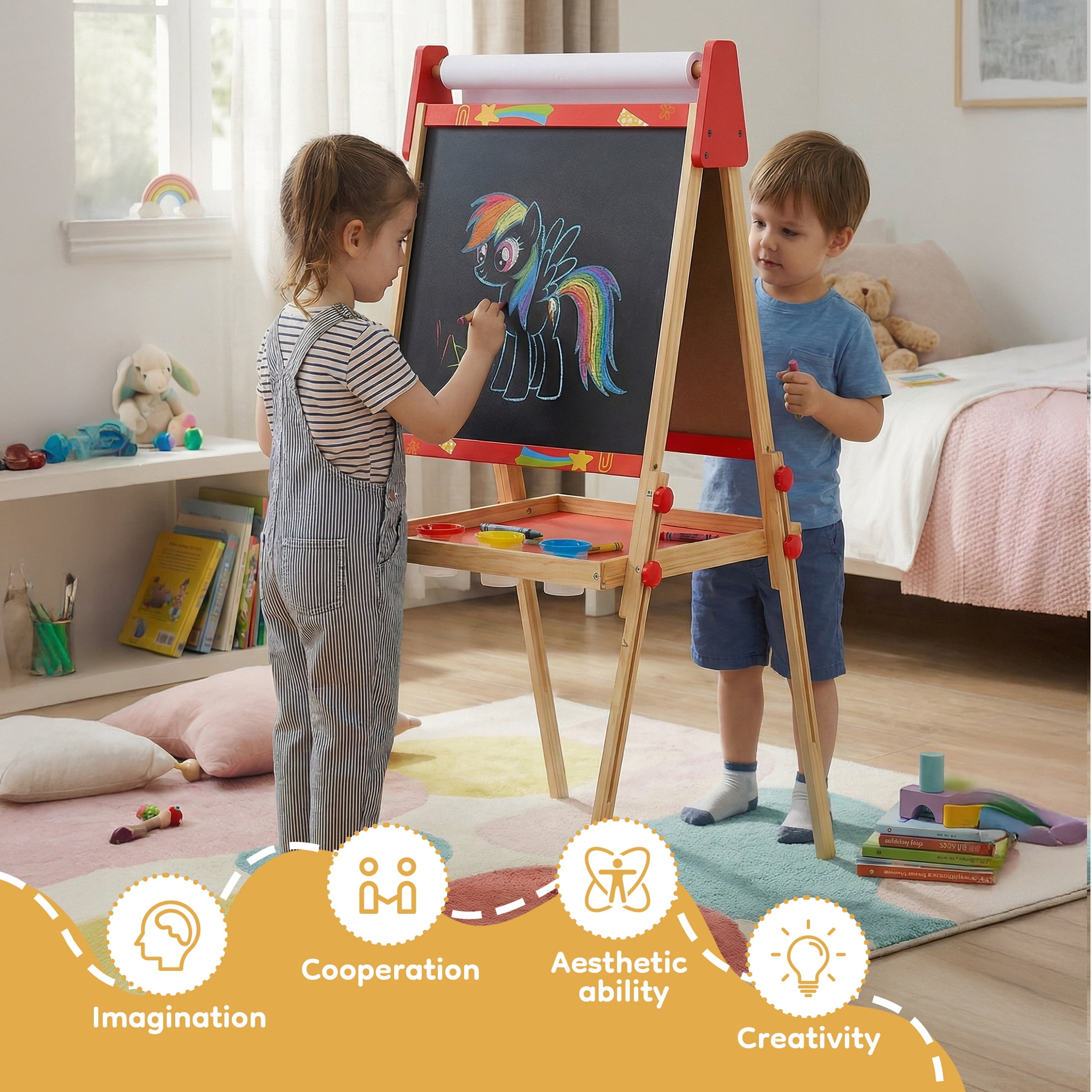 CONCETTA Kids Easel, Double-Sided Magnet Whiteboard & Chalkboard with Paper Roll, Storage Shelf & Accessories, Red